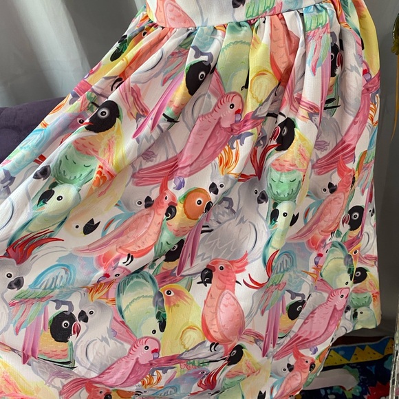 ❌SOLD❌UNIQUE VINTAGE MODCLOTH XL PARROT TROPICAL BIRD SWING DRESS SWEETHEART - Picture 3 of 9